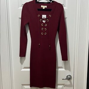 Michael Kors Burgundy Lace-Up Long Sleeve Dress